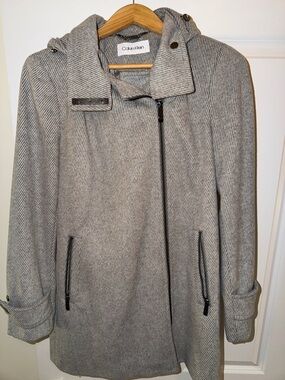 Calvin Klein Light Gray Hooded Wool-Blend Peacoat